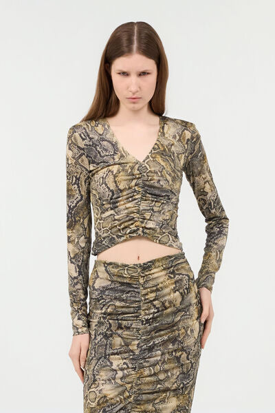 Brown Snake Print Ruched Top with Long Sleeves