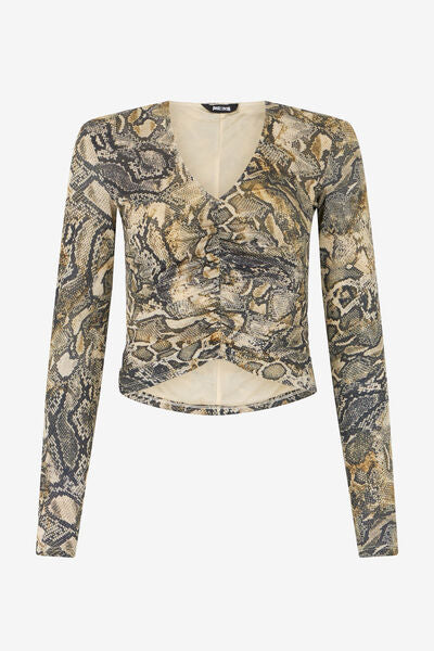 Brown Snake Print Ruched Top with Long Sleeves