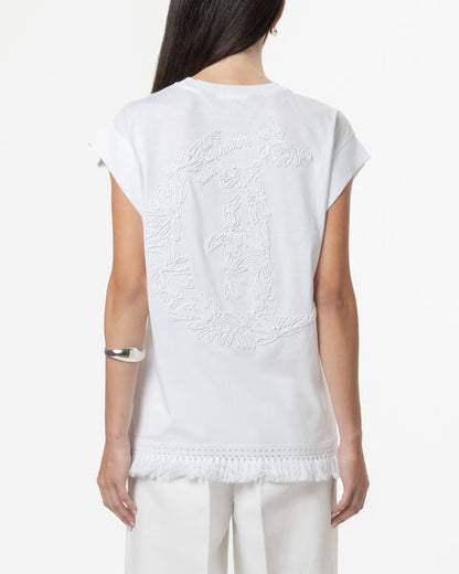 White Cotton T-Shirt with Fringe Hem