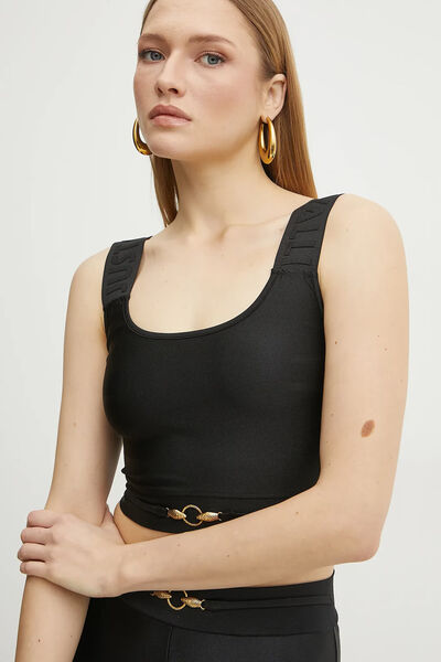Black Sleeveless Crop Top with Gold Accents
