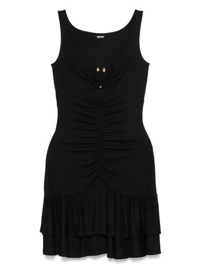 Black Ruched Sleeveless Dress with Tiered Hem