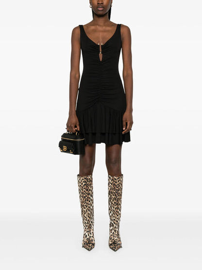 Black Ruched Sleeveless Dress with Tiered Hem