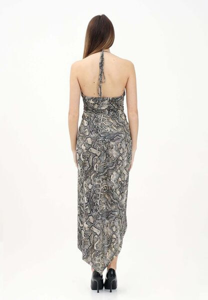 Gray Snake Print Dress with Plunging Neckline