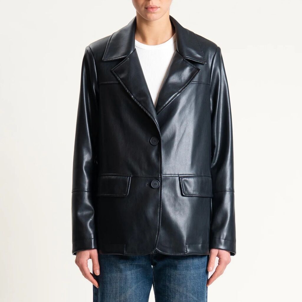 Black Faux Leather Blazer Jacket with Notched Lapel