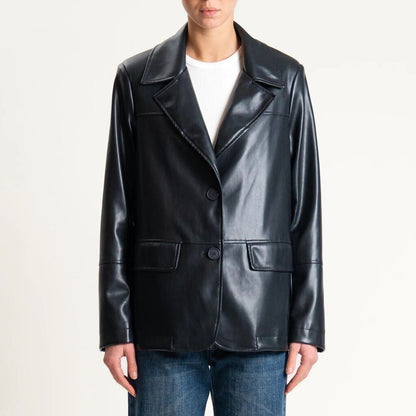 Black Faux Leather Blazer Jacket with Notched Lapel