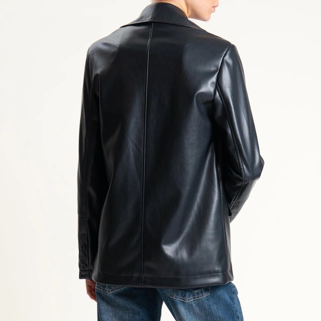 Black Faux Leather Blazer Jacket with Notched Lapel