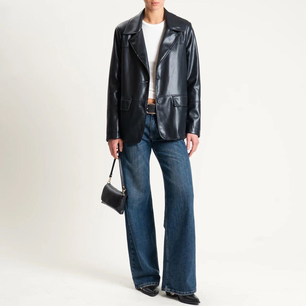 Black Faux Leather Blazer Jacket with Notched Lapel