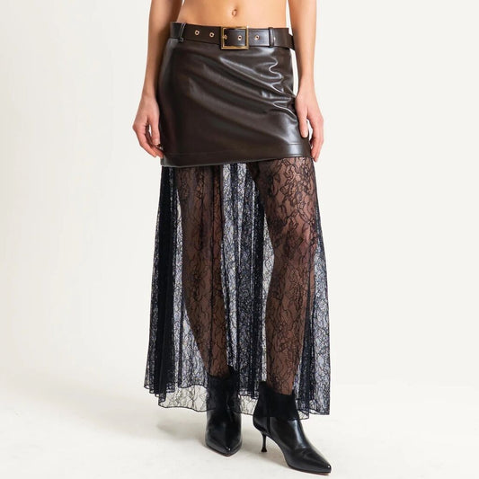 Black Faux Leather Lace Maxi Skirt