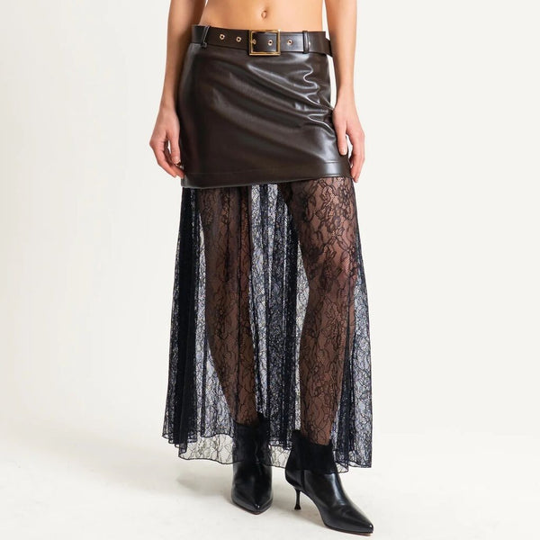 Black Faux Leather Lace Maxi Skirt