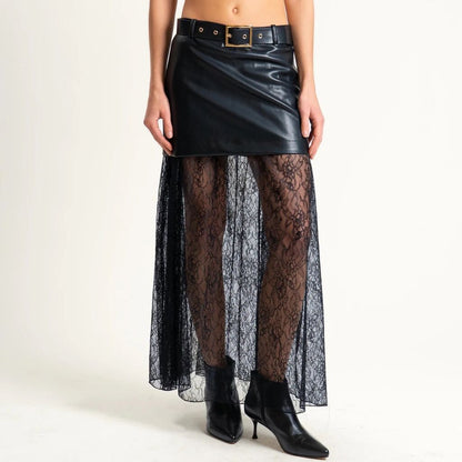 Black Lace Overlay Faux Leather Skirt