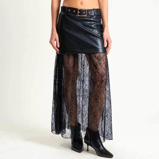 Black Lace Overlay Faux Leather Skirt