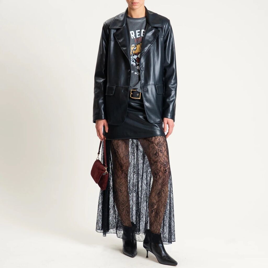 Black Lace Overlay Faux Leather Skirt