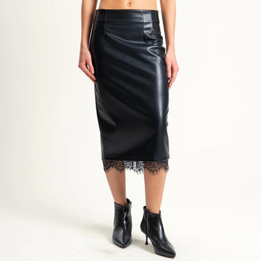 Black Faux Leather Midi Skirt with Lace Hem