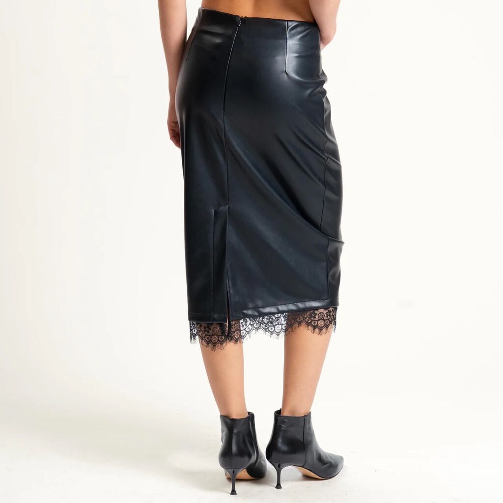 Black Faux Leather Midi Skirt with Lace Hem