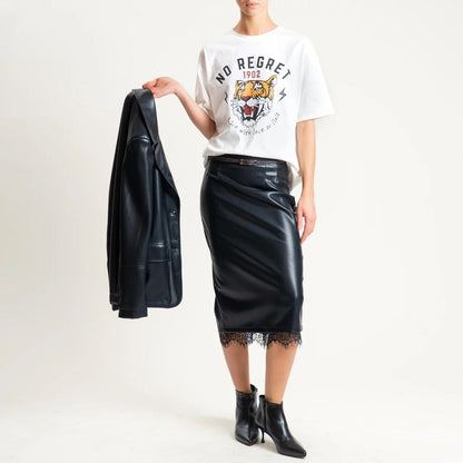 Black Faux Leather Midi Skirt with Lace Hem
