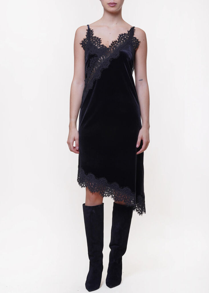 Black Velvet Slip Dress with Lace Trim