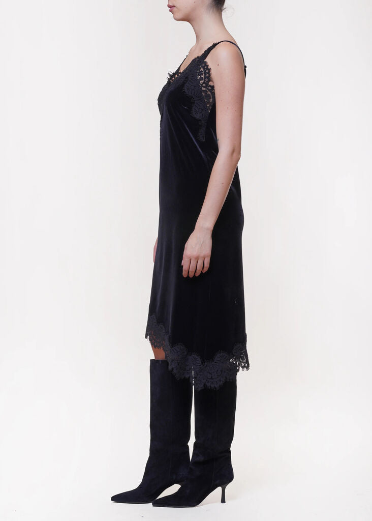 Black Velvet Slip Dress with Lace Trim