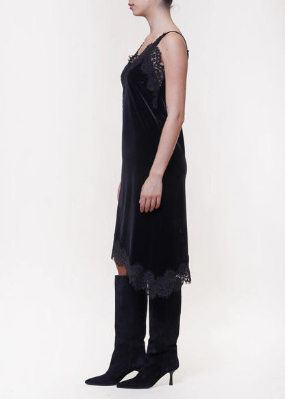 Black Velvet Slip Dress with Lace Trim