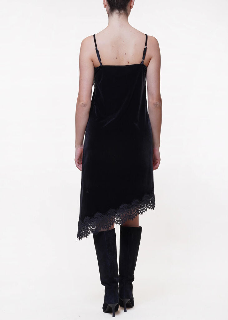 Black Velvet Slip Dress with Lace Trim