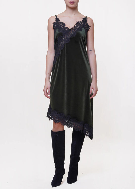 Forest Velvet Slip Dress with Lace Detail
