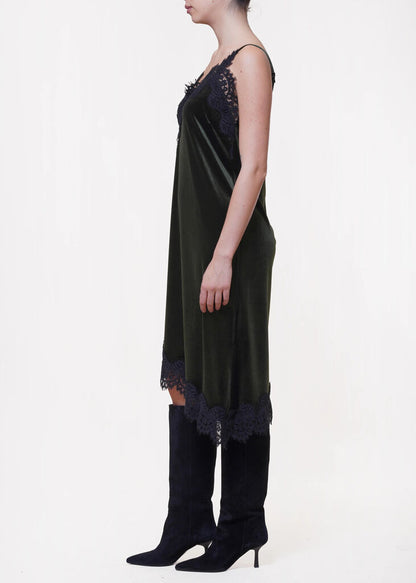 Forest Velvet Slip Dress with Lace Detail