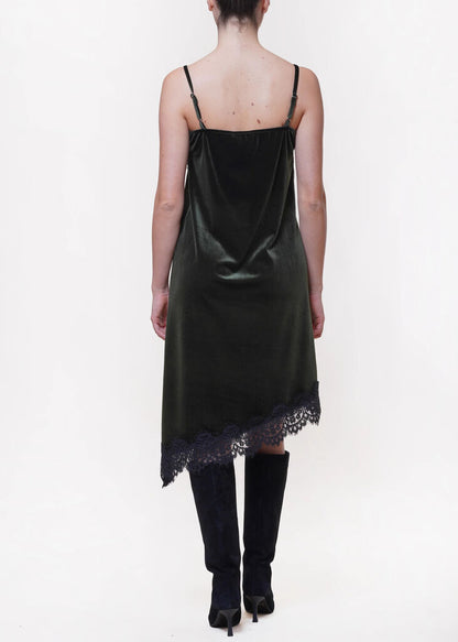 Forest Velvet Slip Dress with Lace Detail