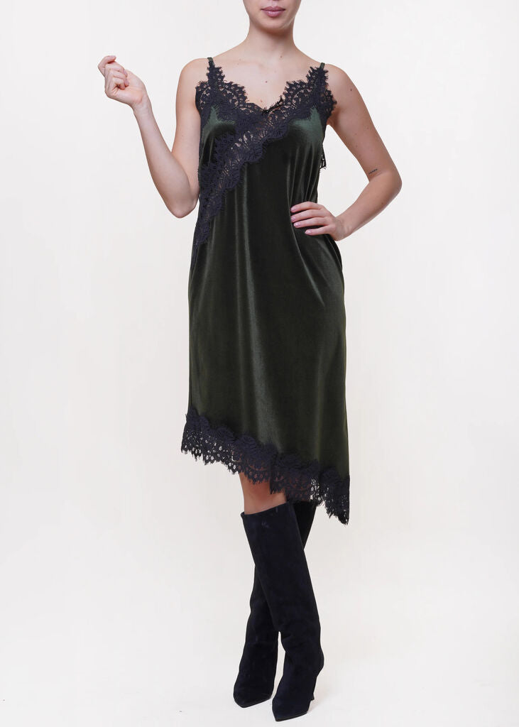 Forest Velvet Slip Dress with Lace Detail