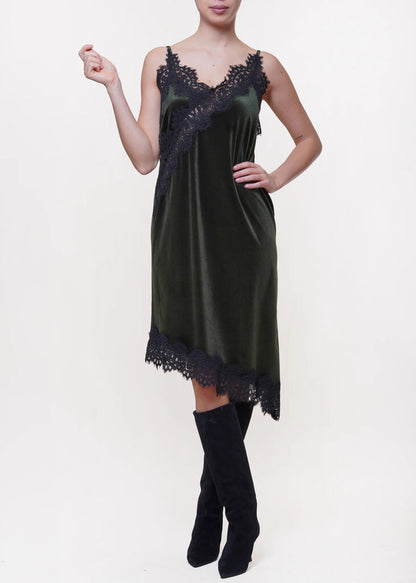 Forest Velvet Slip Dress with Lace Detail