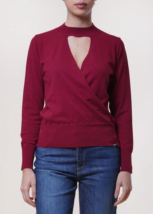 Red Knit Sweater with Keyhole Detail