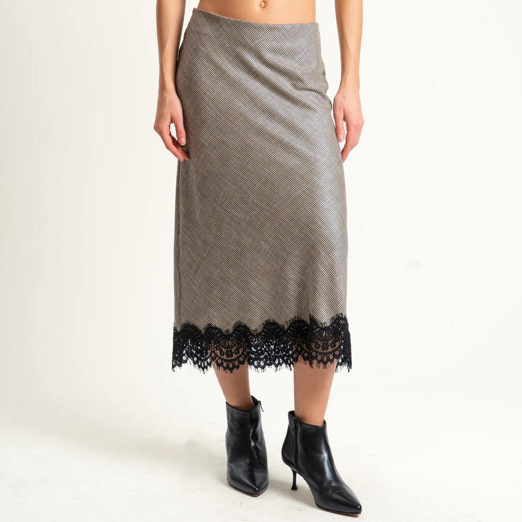 Grey Textured Midi Skirt with Lace Hem