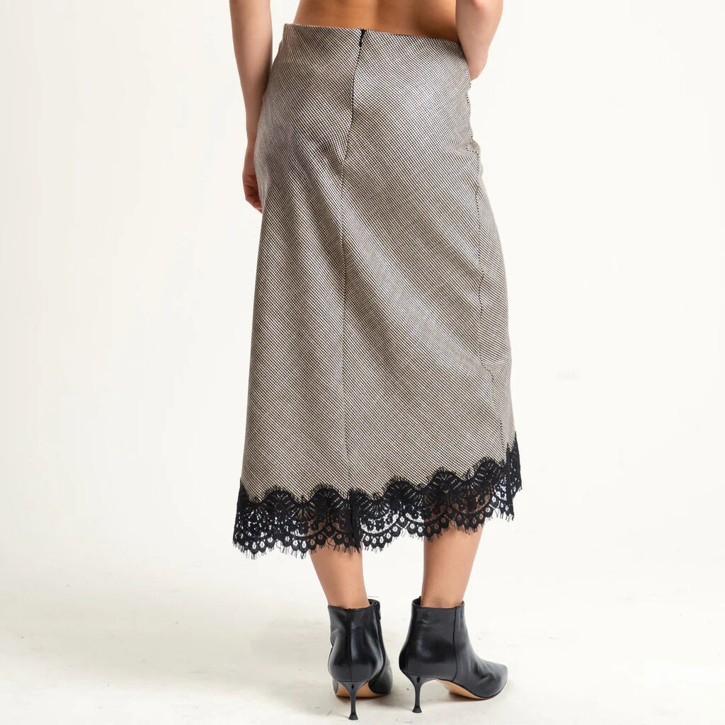 Grey Textured Midi Skirt with Lace Hem