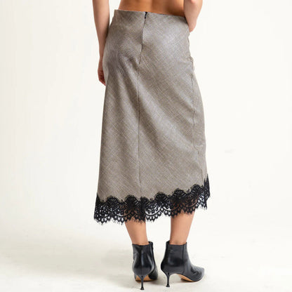Grey Textured Midi Skirt with Lace Hem