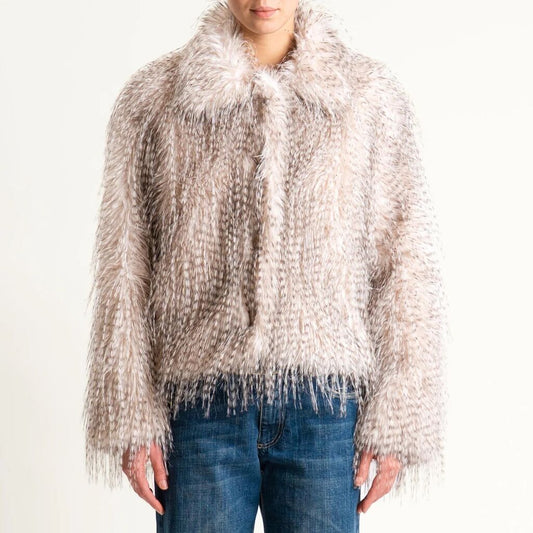 Ivory Textured Faux Fur Jacket with Wide Collar