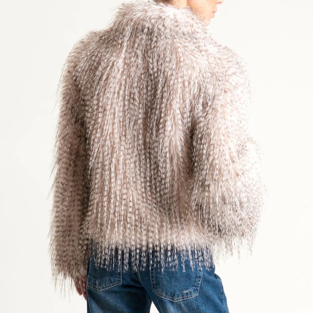 Ivory Textured Faux Fur Jacket with Wide Collar