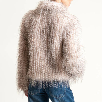 Ivory Textured Faux Fur Jacket with Wide Collar