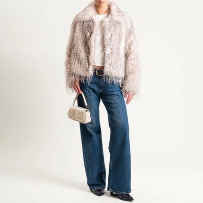 Ivory Textured Faux Fur Jacket with Wide Collar