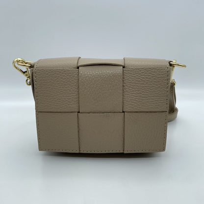 Taupe Woven Leather Crossbody Bag with Gold Accents