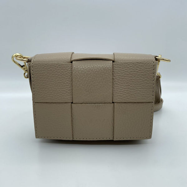 Taupe Woven Leather Crossbody Bag with Gold Accents