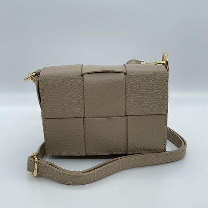 Taupe Woven Leather Crossbody Bag with Gold Accents