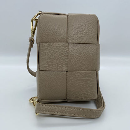 Taupe Woven Leather Crossbody Bag with Gold Accents