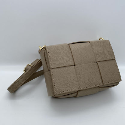 Taupe Woven Leather Crossbody Bag with Gold Accents