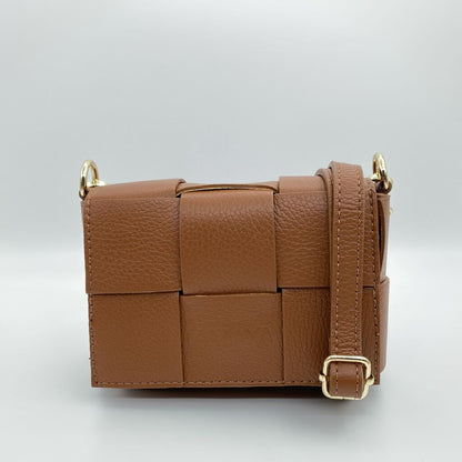 Tan Woven Crossbody Bag with Gold Accents