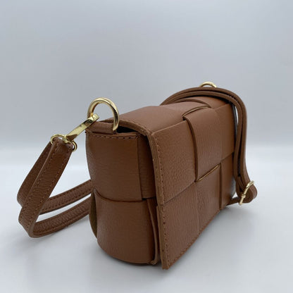Tan Woven Crossbody Bag with Gold Accents