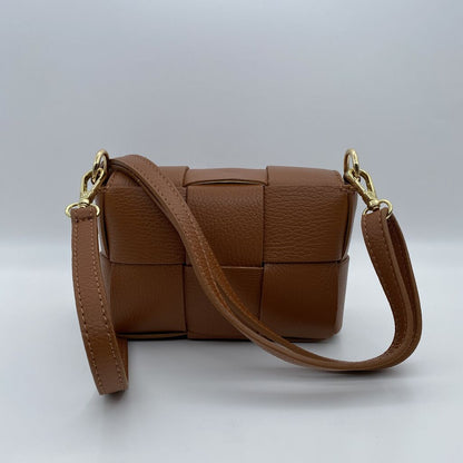 Tan Woven Crossbody Bag with Gold Accents