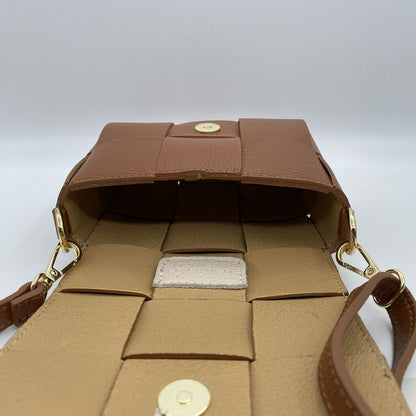 Tan Woven Crossbody Bag with Gold Accents