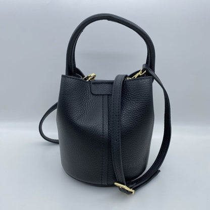 Black Textured Bucket Bag with Gold Accents