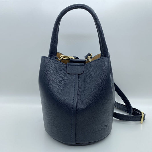 Navy Textured Leather Bucket Bag with Gold Hardware