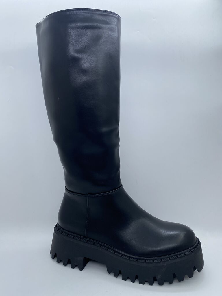 Black Glossy Knee-High Boots with Chunky Sole