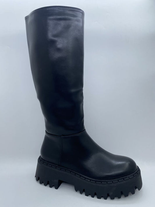 Black Glossy Knee-High Boots with Chunky Sole