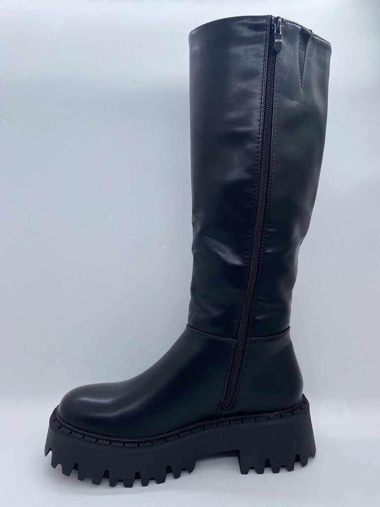 Black Glossy Knee-High Boots with Chunky Sole